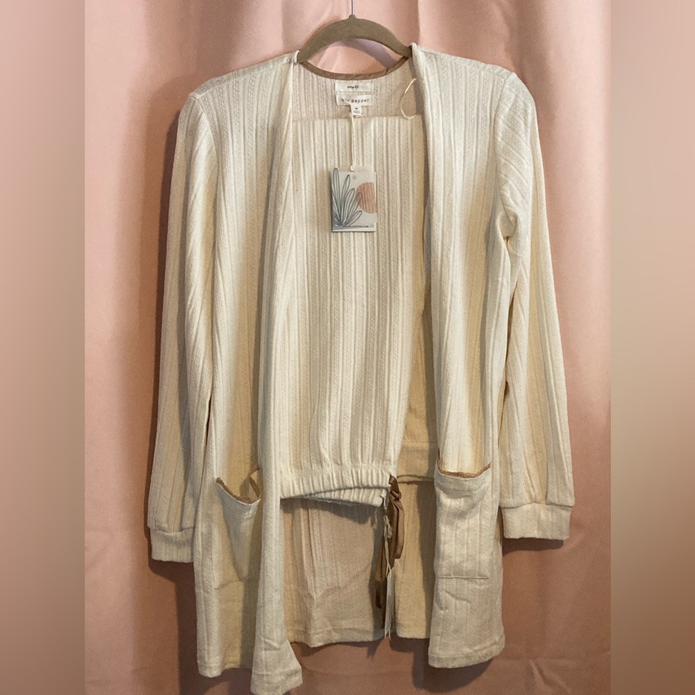 Blu Pepper Ivory Open-Front Cardigan and lounge pants